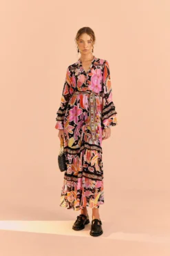 Farm Rio Black Enchanted Nature Midi Dress