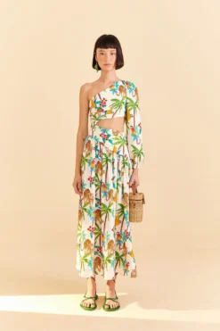 Farm Rio Tropical Paradise One Shoulder Midi Dress