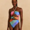 Farm Rio Blue Painted Birds Plaid Halter Neck One-Piece Swimsuit