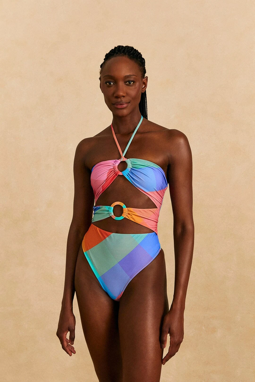 Farm Rio Blue Painted Birds Plaid Halter Neck One-Piece Swimsuit 1 Farm Rio Blue Painted Birds Plaid Halter Neck One-Piece Swimsuit