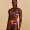 Farm Rio Blue Floral Tropical & Colorful Stripes Bikini Top