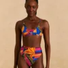 Farm Rio Blue Floral Tropical & Colorful Stripes High Waisted Bikini Bottom