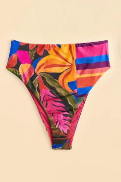 Farm Rio Blue Floral Tropical & Colorful Stripes High Waisted Bikini Bottom -Farm Rio Shop 310619 04