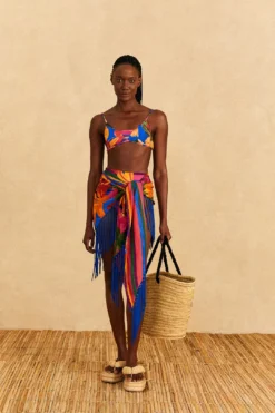 Farm Rio Blue Floral Tropical & Colorful Stripes Sarong