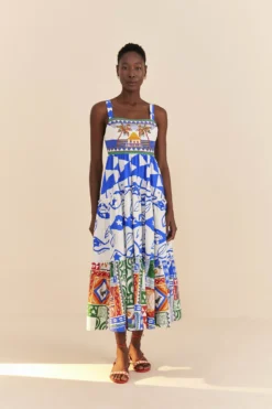 Farm Rio Mixed Pitta Colors Organic Cotton Embroidered Midi Dress