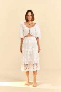 Farm Rio White Lace Midi Skirt