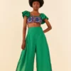Farm Rio Embroided Green Pants