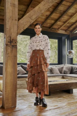 Farm Rio Caramel Embroidered Horses Layered Maxi Skirt