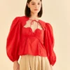 Farm Rio Red Heart Shaped Neckline Blouse