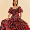 Farm Rio Brown Bright Flora Short Sleeve Midi Dress