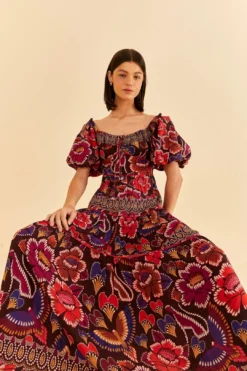 Farm Rio Brown Bright Flora Short Sleeve Midi Dress