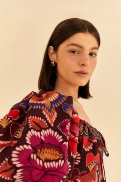 Farm Rio Brown Bright Flora Short Sleeve Midi Dress -Farm Rio Shop 312040 03