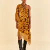 Farm Rio Golden Yellow Velvet One Shoulder Fringe Dress