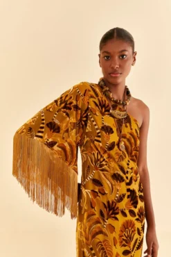 Farm Rio Golden Yellow Velvet One Shoulder Fringe Dress -Farm Rio Shop 312168 03