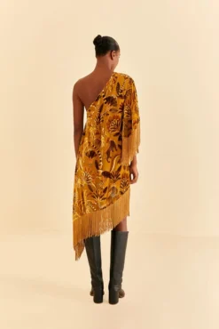 Farm Rio Golden Yellow Velvet One Shoulder Fringe Dress -Farm Rio Shop 312168 04