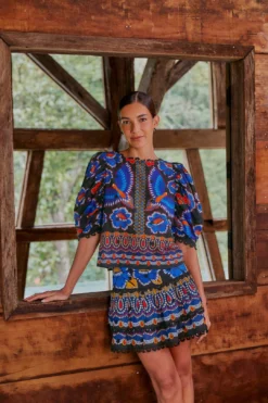 Farm Rio Black Ainika Sparkle Short Sleeve Blouse