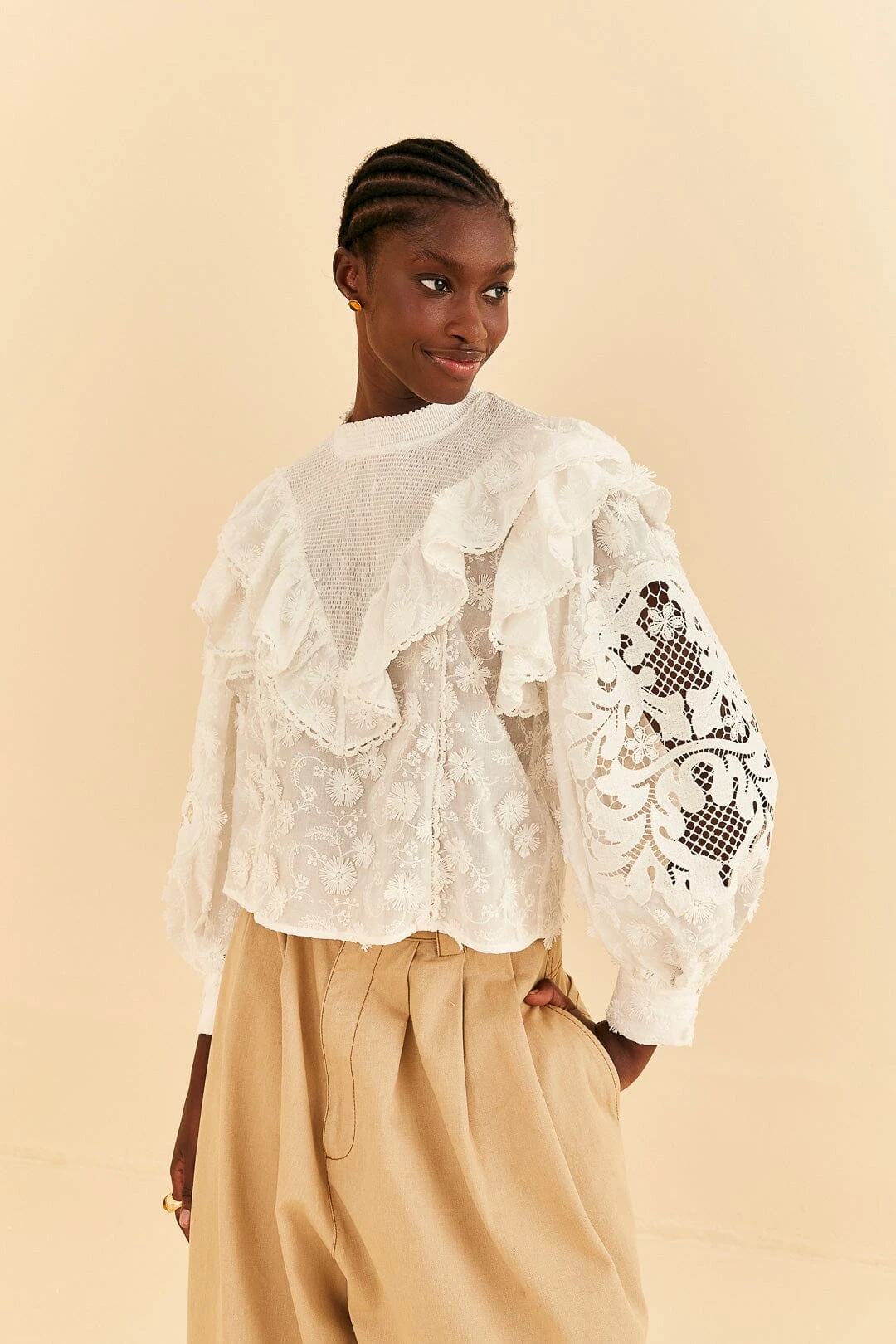 Farm Rio Off-White Smocked Yoke 3d Flower Blouse 1 Farm Rio Off-White Smocked Yoke 3d Flower Blouse