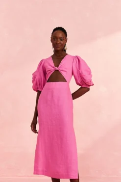 Farm Rio Pink Cut Out Short Sleeve Midi Dress