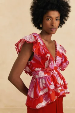 Farm Rio Red Dewdrop Floral Sleeveless Blouse