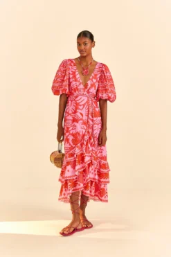 Farm Rio Red Jungle Scarf Wrap Midi Dress