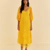 Farm Rio Yellow Guipure Midi Dress