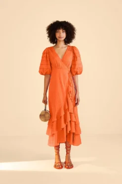Farm Rio Orange Ruffles Midi Dress