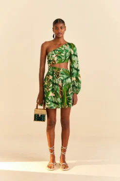 Farm Rio Tropical Leaves One Shoulder Mini Dress