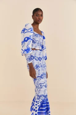 Farm Rio Off-White Pitta Waves Smocked Midi Skirt