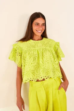 Farm Rio Lime Green Palm Tree Richelieu Blouse