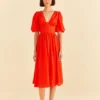 Farm Rio Red Short Sleeves Midi Dress
