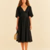 Farm Rio Black Short Sleeves Midi Dress
