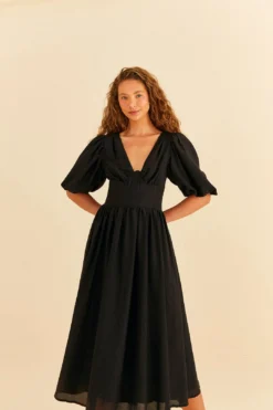 Farm Rio Black Short Sleeves Midi Dress -Farm Rio Shop 314512 04