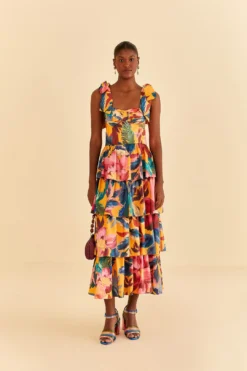 Farm Rio Yellow Painted Flowers Layered Maxi Dress
