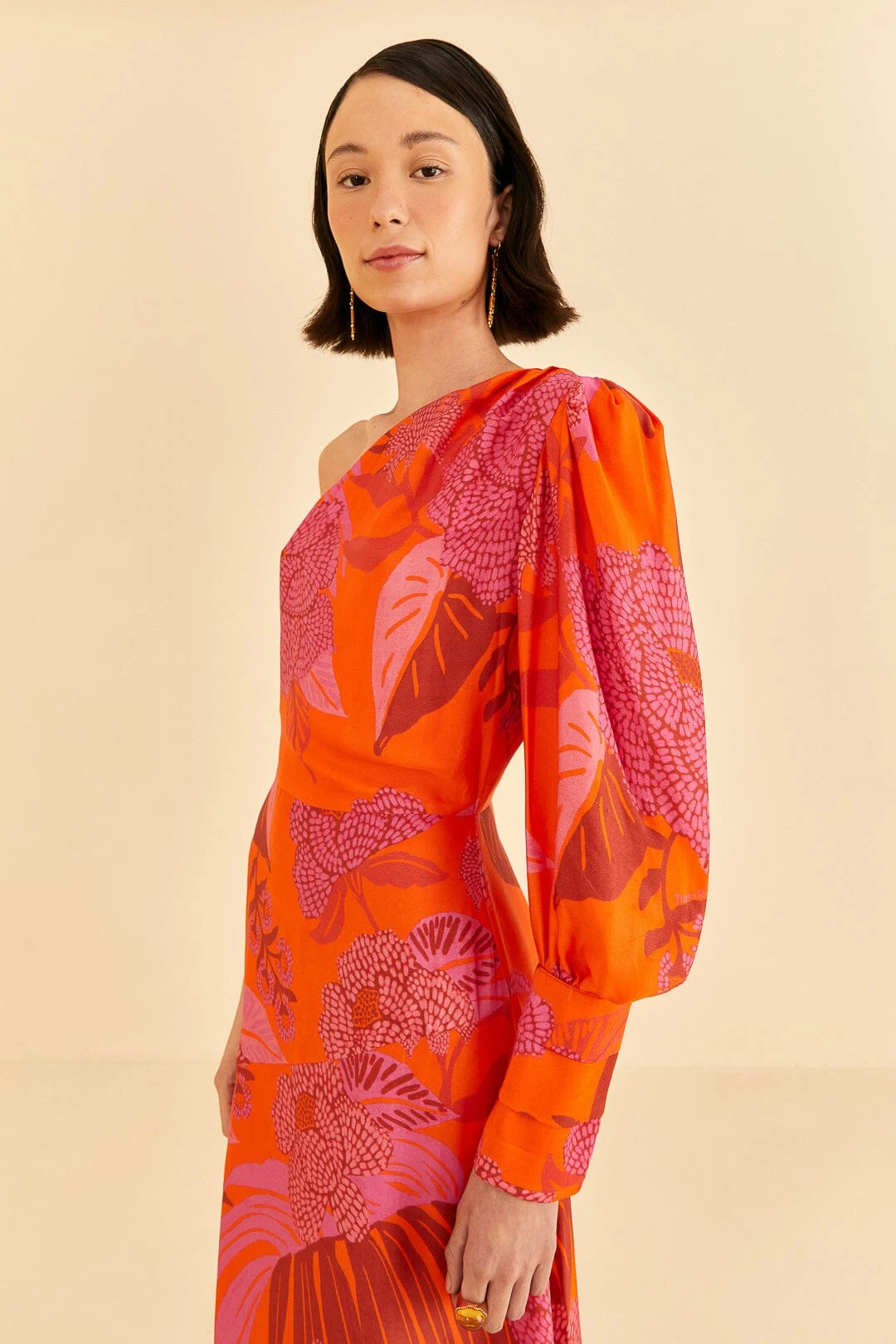 Farm Rio Red Dewdrop Floral One Shoulder Midi Dress 3 Farm Rio Red Dewdrop Floral One Shoulder Midi Dress - Image 3