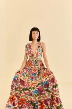 Farm Rio Off-White Tropical Yard Sleeveless Midi Dress