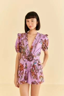 Farm Rio Lilac Floral Monkey Short Sleeve Romper