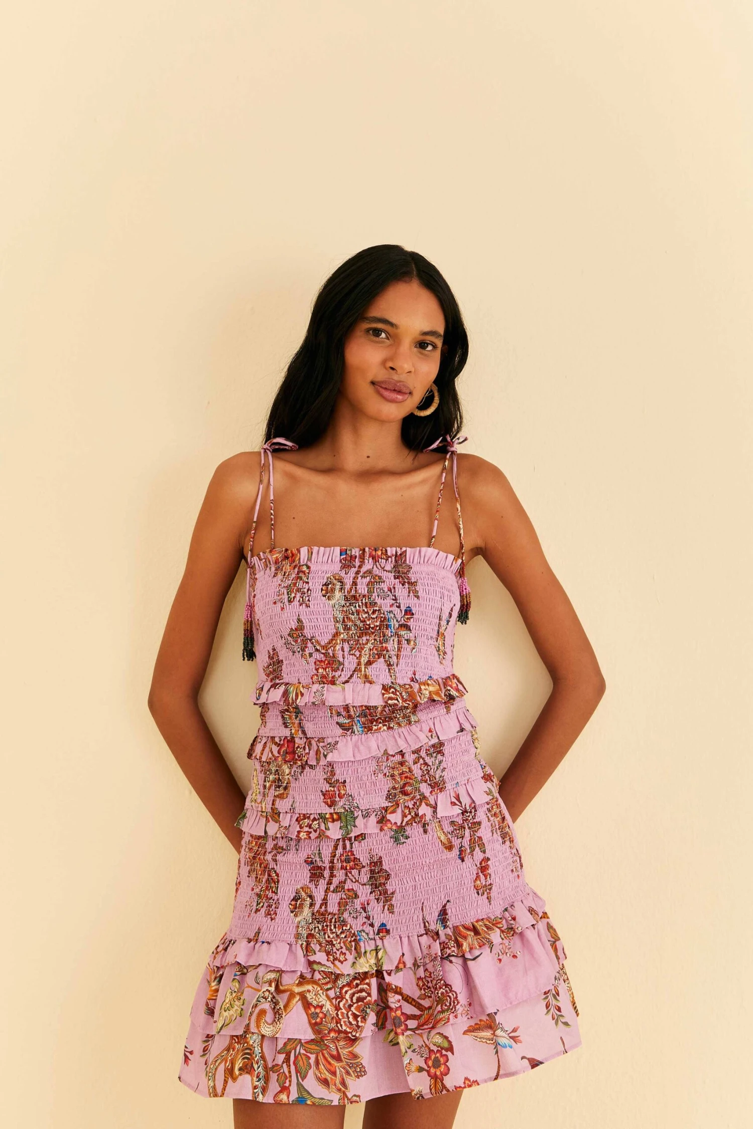 Farm Rio Lilac Floral Monkey Smocked Mini Dress 1 Farm Rio Lilac Floral Monkey Smocked Mini Dress