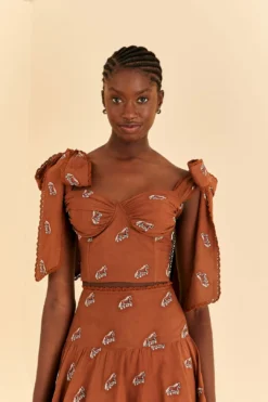 Farm Rio Caramel Embroidered Horses Crop Top