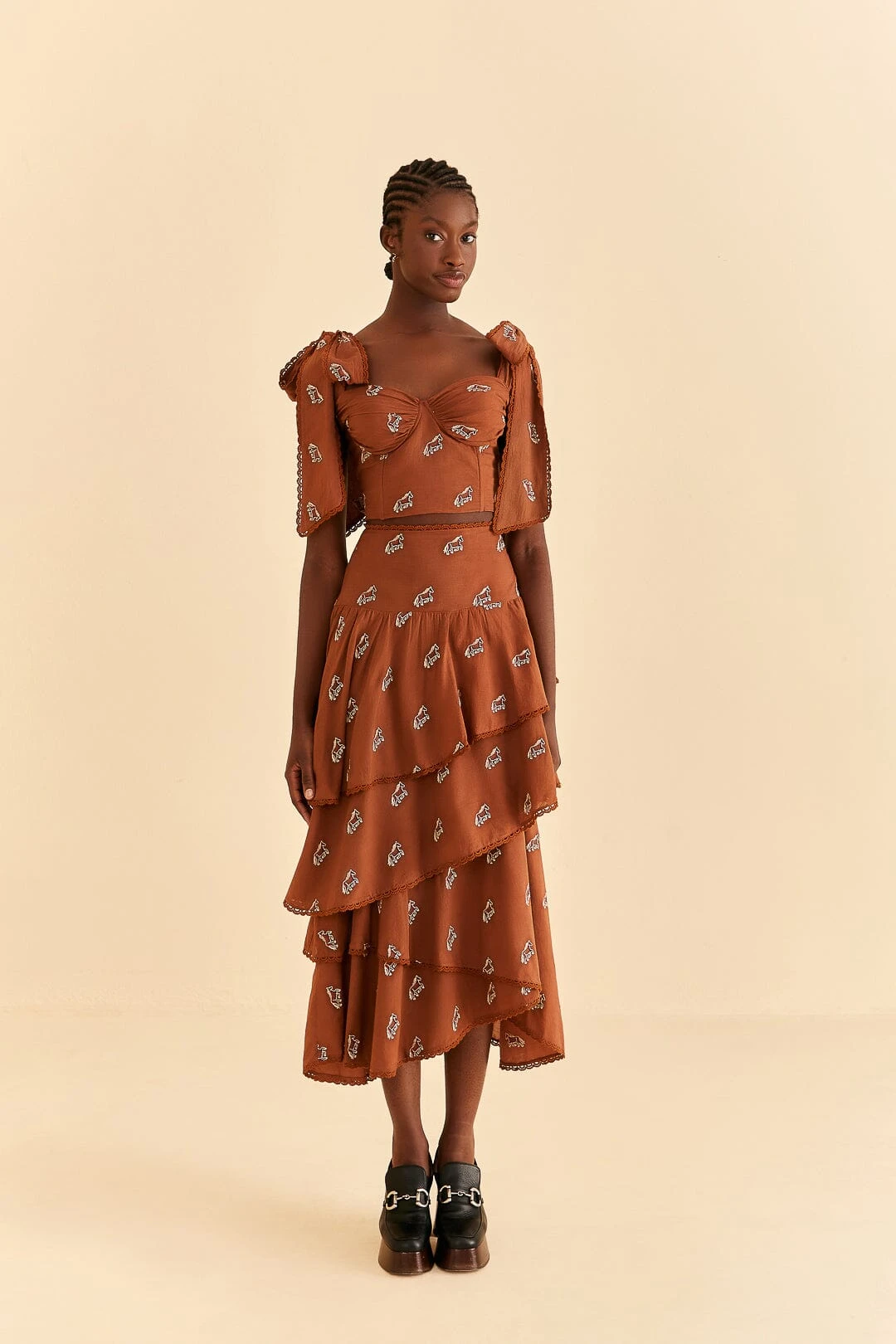 Farm Rio Caramel Embroidered Horses Crop Top 2 Farm Rio Caramel Embroidered Horses Crop Top - Image 2