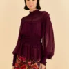 Farm Rio Burgundy Ruffle High Neck Blouse