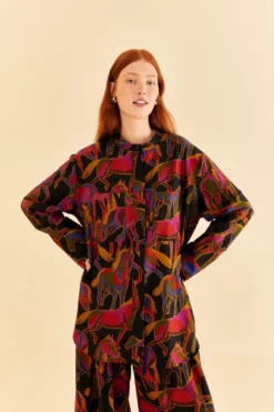 Farm Rio Black Wild Horses Maxi Shirt