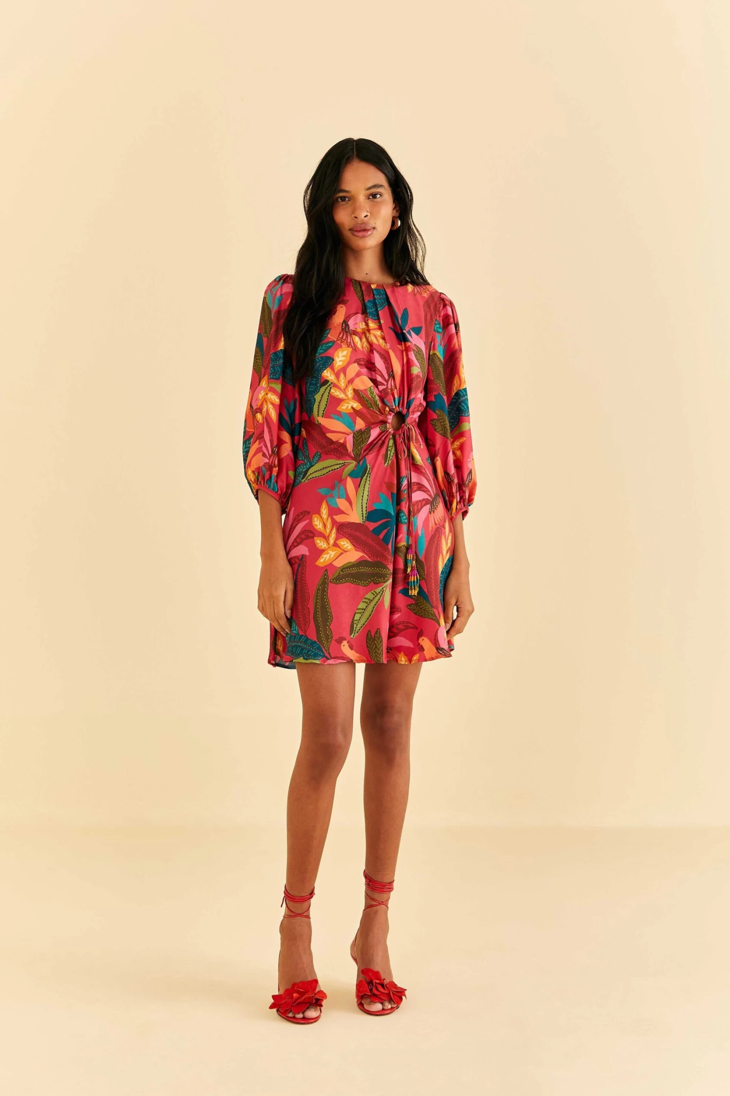 Farm Rio Red Rooster Leaves Long Sleeve Mini Dress 2 Farm Rio Red Rooster Leaves Long Sleeve Mini Dress - Image 2