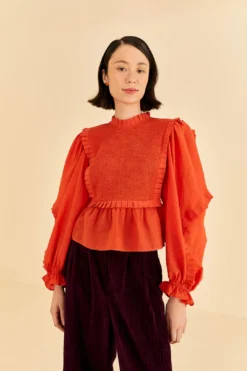 Farm Rio Orange Smocked Blouse
