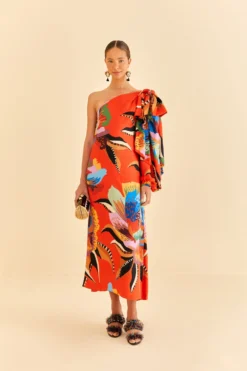 Farm Rio Red Lucy One Shoulder Maxi Dress